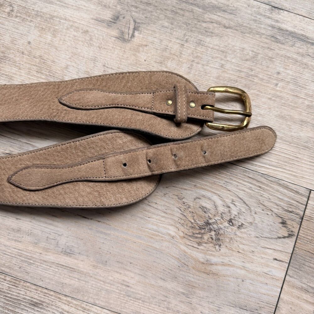 Vintage Wide Suede Waist Belt Tan Leather Statement Belt Buckle Medium Western - Picture 2 of 9